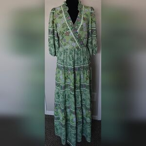 Maison Tara Sz 4 Floral Maxi Dress Green Victorian Ruffles Puff Sleeves EUC